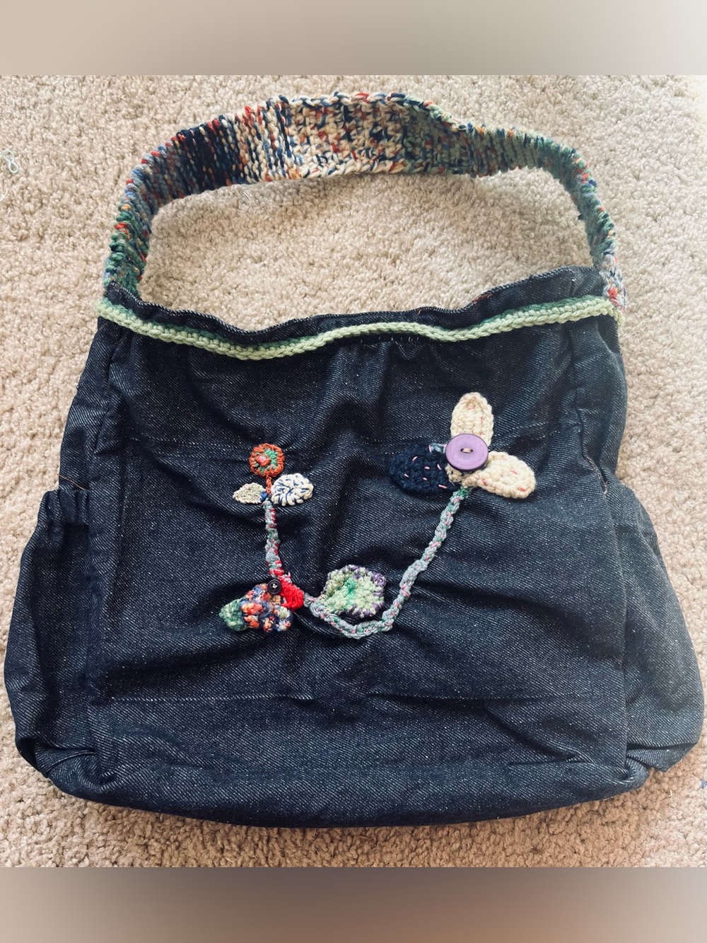 Handcrafted Denim Shoulder Bag Crochet Floral Embroidery Boho Tote